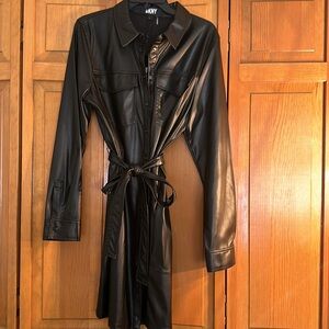 DKNY faux leather mini dress size L - with attached belt!